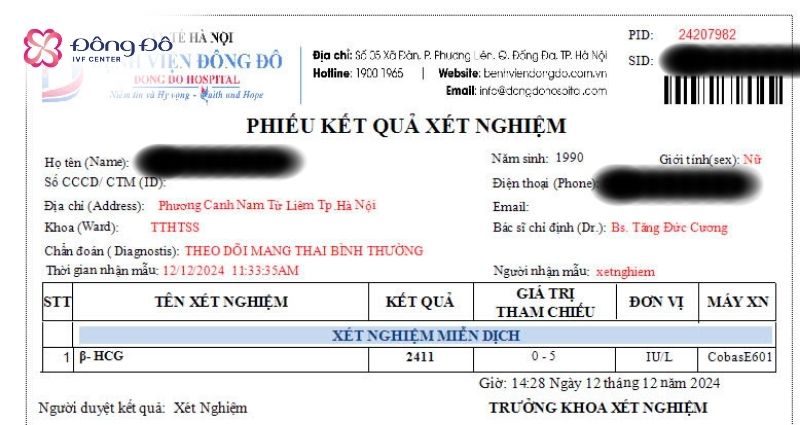 Kết quả xét nghiệm Beta HCG của bệnh nhân điều trị tại Đông Đô IVF Center